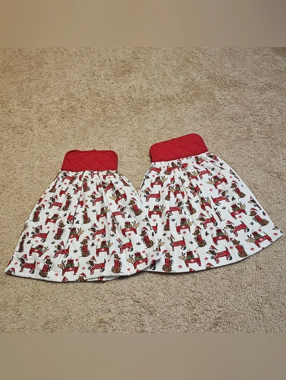 2 Handcrafted Towels Attached To Potholders | Christmas | Dog Print